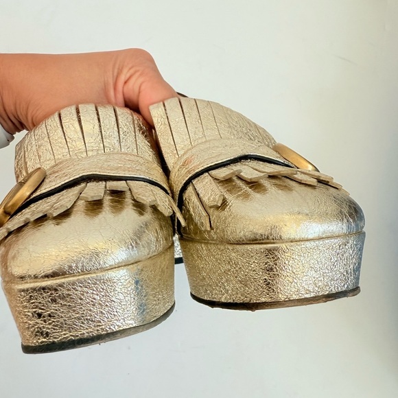 Gucci Metallic Gold Marmont GG Platform Platino Fringe Logo Block Heel pumps37.5 - Picture 10 of 11